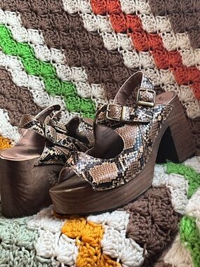 Vintage Inspired Free People Snake-Print Platform Sandals with Brown Wood Heel
